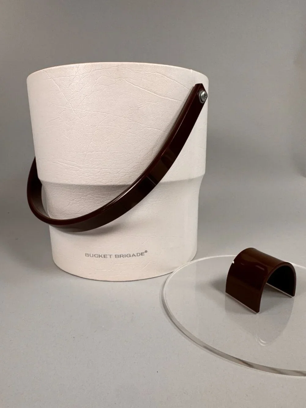 FAB VTG Bucket Brigade Ice Bucket – White Faux Leather & Lucite MCM Barware